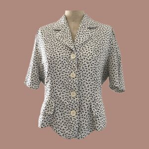 Vintage 1990s Ivory Black Ditzy Floral Short Sleeve Cottage Core Jacket Top